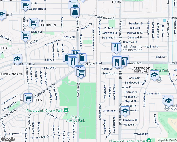 map of restaurants, bars, coffee shops, grocery stores, and more near 4801 Clair Del Avenue in Long Beach