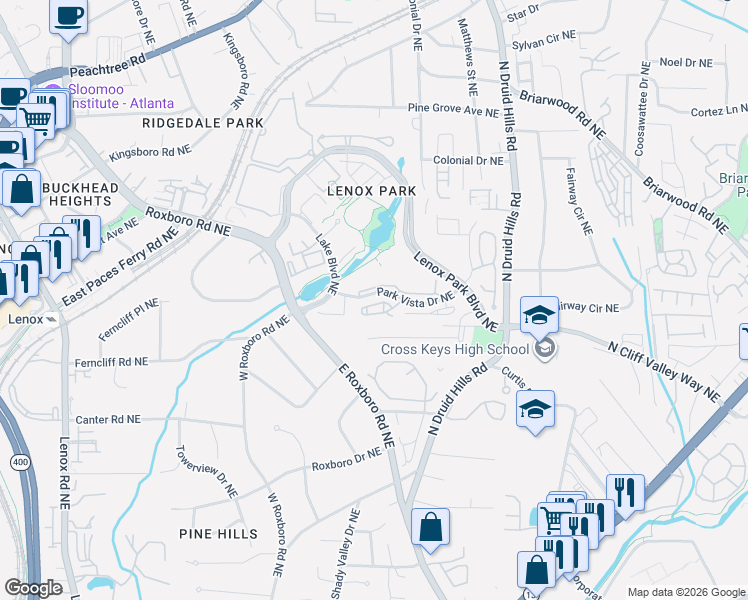 map of restaurants, bars, coffee shops, grocery stores, and more near 1074 Fairway Estates Northeast in Atlanta