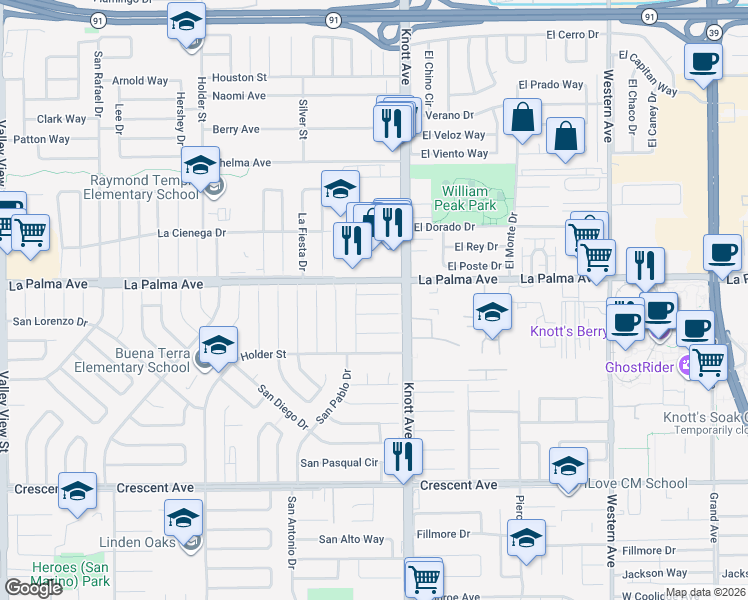 map of restaurants, bars, coffee shops, grocery stores, and more near 6942 San Julian Circle in Buena Park