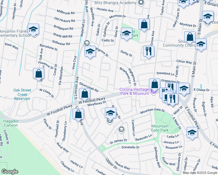 map of restaurants, bars, coffee shops, grocery stores, and more near 3039 Deadwood Drive in Corona