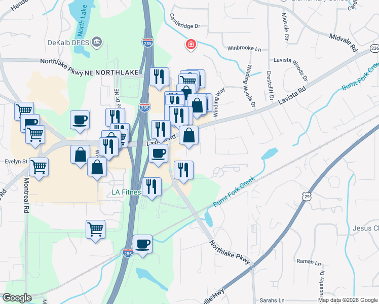 map of restaurants, bars, coffee shops, grocery stores, and more near 2125 Lavista Exec Park Drive in Tucker