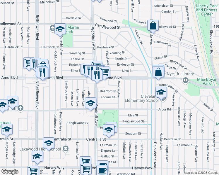 map of restaurants, bars, coffee shops, grocery stores, and more near 6006 Sugarwood Street in Lakewood