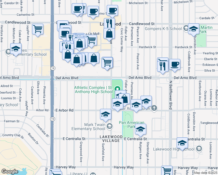map of restaurants, bars, coffee shops, grocery stores, and more near 4837 Clark Avenue in Long Beach