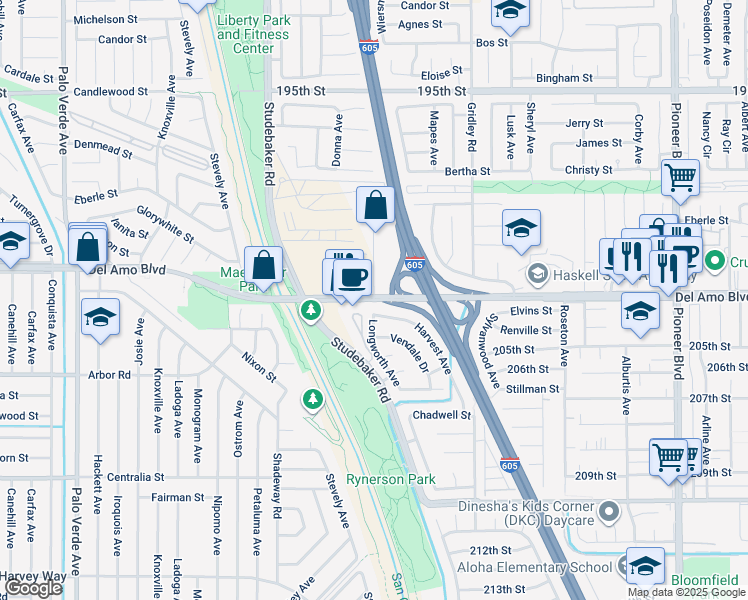 map of restaurants, bars, coffee shops, grocery stores, and more near 11201 Del Amo Boulevard in Lakewood