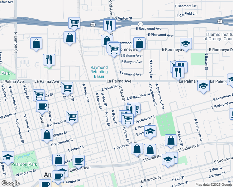 map of restaurants, bars, coffee shops, grocery stores, and more near 738 North Rose Street in Anaheim