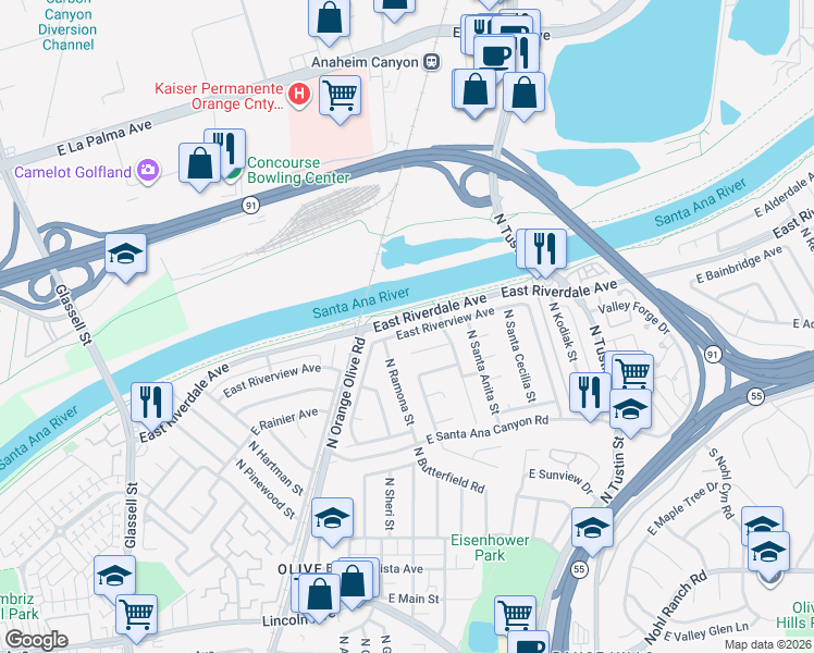 map of restaurants, bars, coffee shops, grocery stores, and more near 1519 East Riverview Avenue in Orange