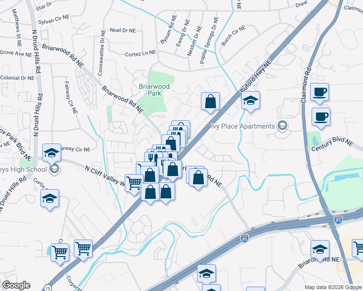 map of restaurants, bars, coffee shops, grocery stores, and more near 3444 Buford Highway Northeast in Atlanta
