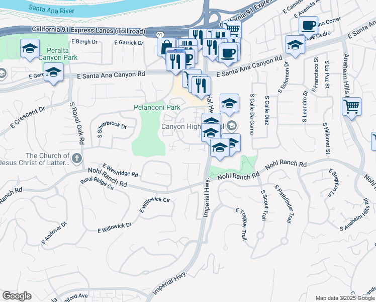 map of restaurants, bars, coffee shops, grocery stores, and more near 5624 East Vista Del Valle in Anaheim
