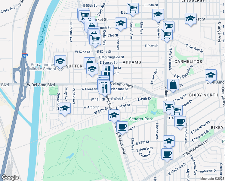 map of restaurants, bars, coffee shops, grocery stores, and more near 146 East Pleasant Street in Long Beach