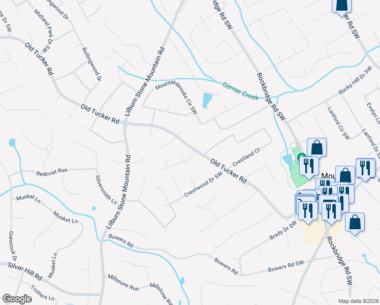 map of restaurants, bars, coffee shops, grocery stores, and more near 5602 Shadow View Drive Southwest in Stone Mountain