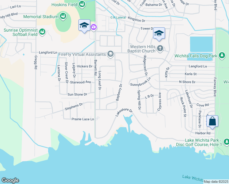 map of restaurants, bars, coffee shops, grocery stores, and more near 1 Periwinkle in Wichita Falls