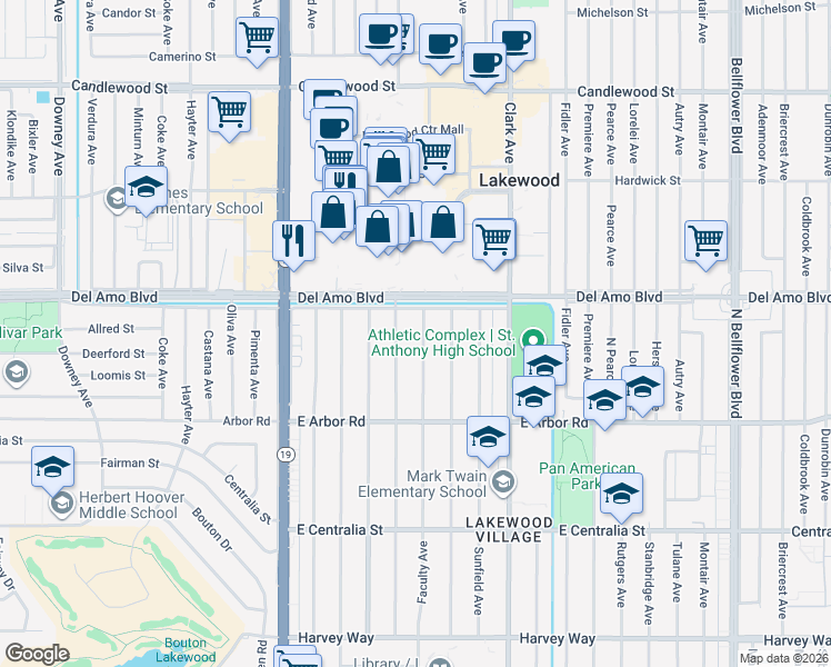 map of restaurants, bars, coffee shops, grocery stores, and more near 4844 Faculty Avenue in Long Beach
