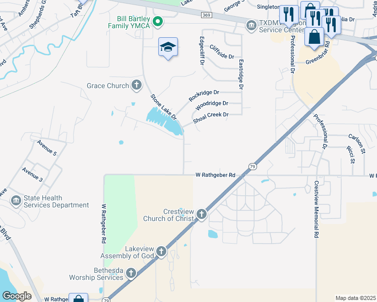 map of restaurants, bars, coffee shops, grocery stores, and more near 5505 Stone Lake Drive in Wichita Falls