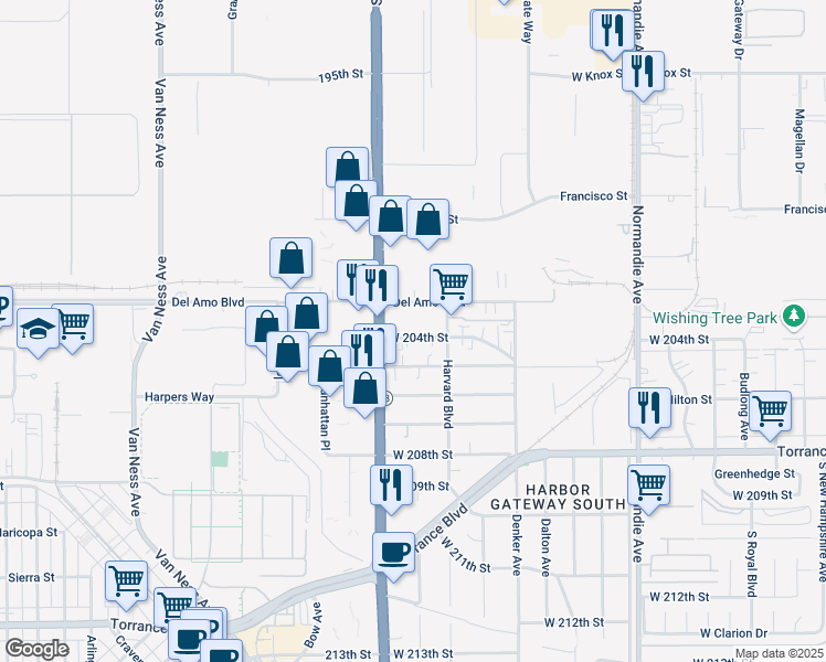 map of restaurants, bars, coffee shops, grocery stores, and more near 1637 West 204th Street in Torrance