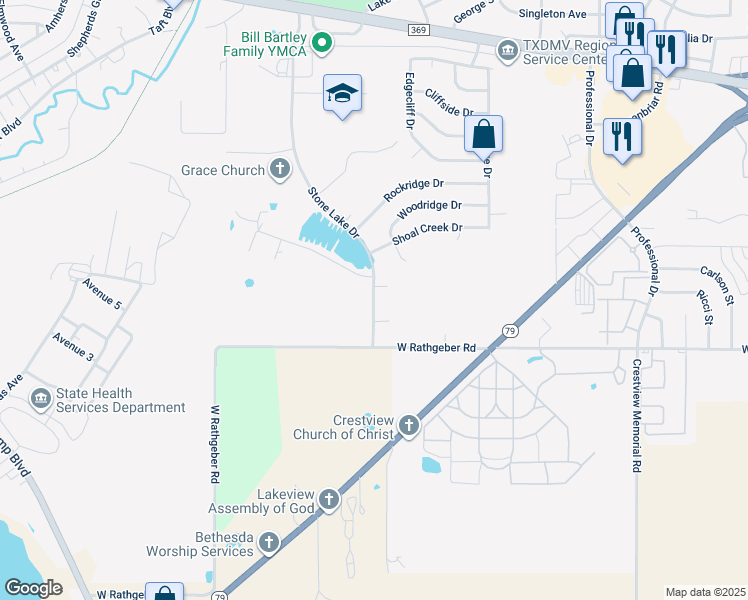 map of restaurants, bars, coffee shops, grocery stores, and more near 5505 Stone Lake Drive in Wichita Falls