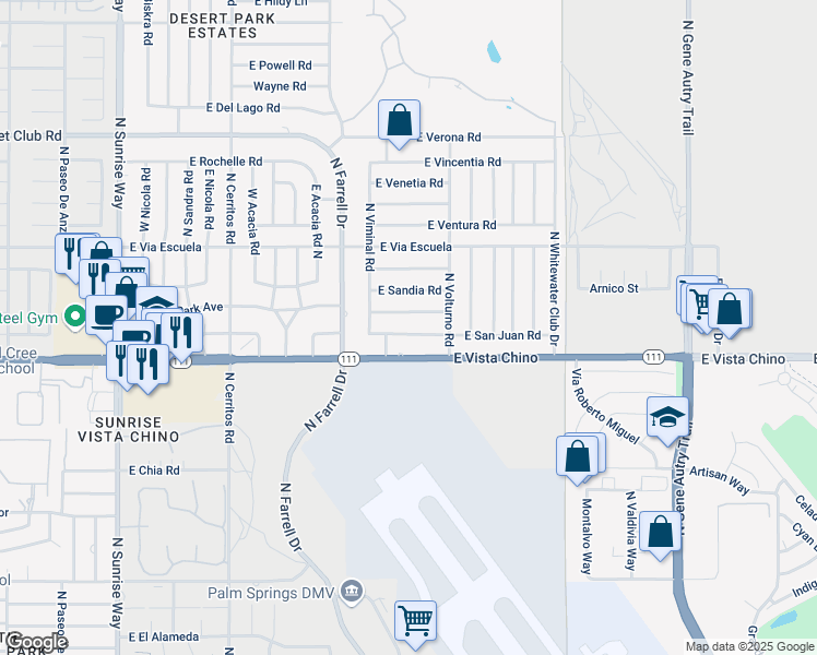map of restaurants, bars, coffee shops, grocery stores, and more near 2770 East San Juan Road in Palm Springs