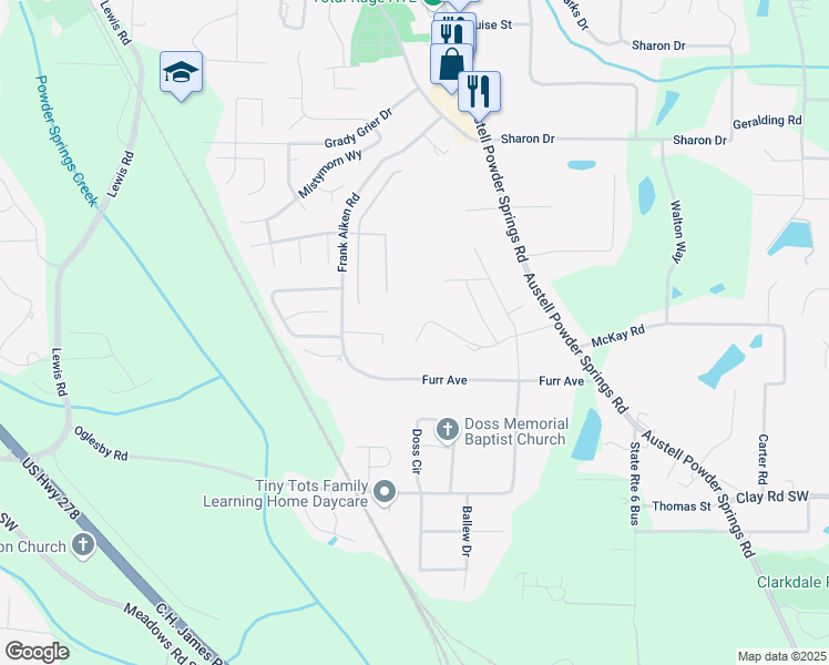 map of restaurants, bars, coffee shops, grocery stores, and more near 4002 Brushy Street in Powder Springs