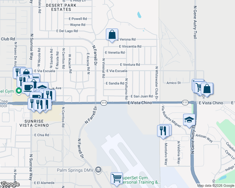 map of restaurants, bars, coffee shops, grocery stores, and more near 2800 East San Juan Road in Palm Springs