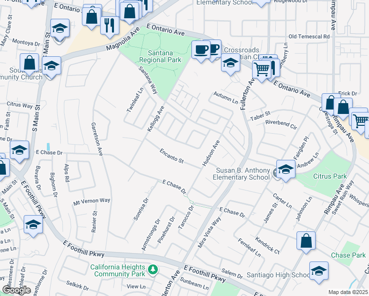 map of restaurants, bars, coffee shops, grocery stores, and more near 820 Mountain Shadows Drive in Corona