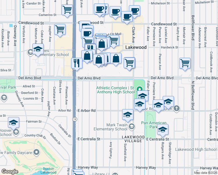 map of restaurants, bars, coffee shops, grocery stores, and more near 4844 Faculty Avenue in Long Beach