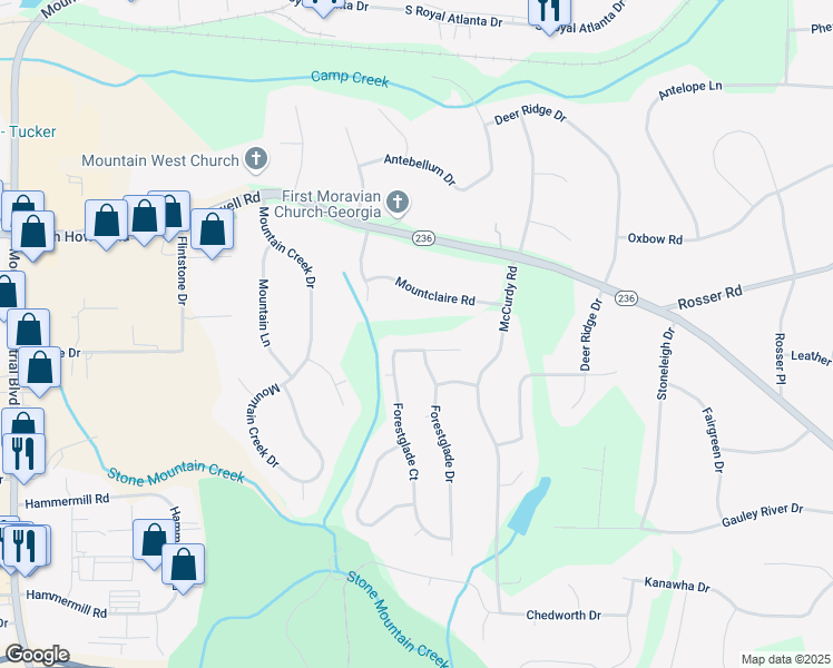 map of restaurants, bars, coffee shops, grocery stores, and more near 4981 Forestglade Court in Stone Mountain