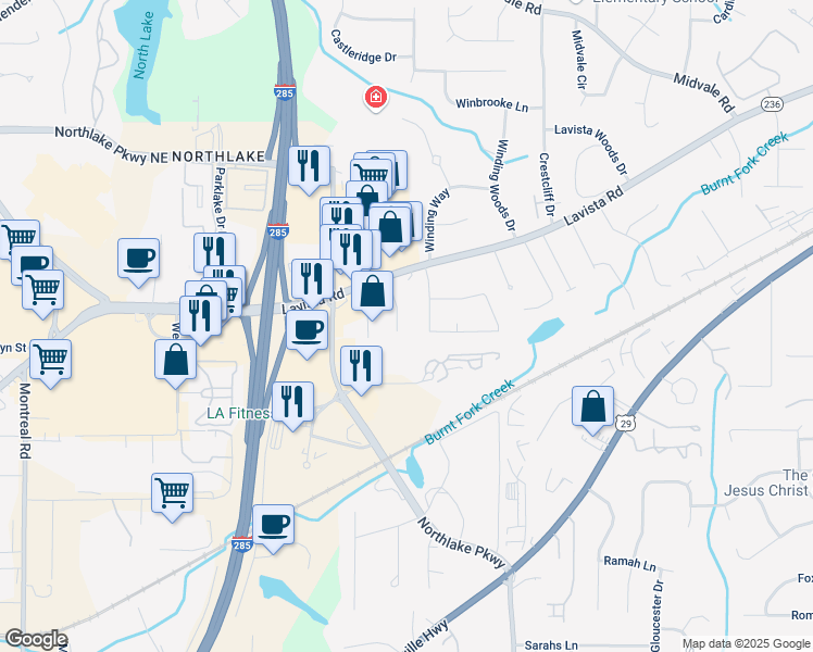 map of restaurants, bars, coffee shops, grocery stores, and more near 2105 Vista Dale Court in Tucker