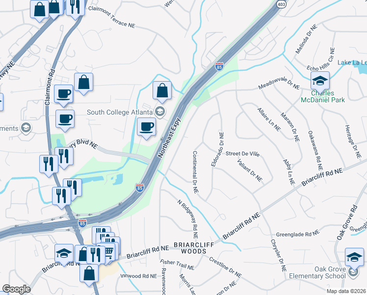 map of restaurants, bars, coffee shops, grocery stores, and more near 2135 Fisher Trail Northeast in Atlanta