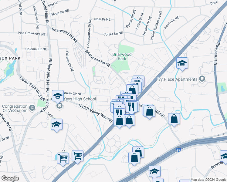 map of restaurants, bars, coffee shops, grocery stores, and more near 1369 Keys Crossing Drive Northeast in Atlanta
