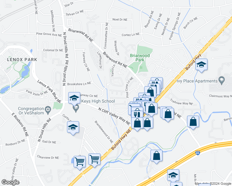map of restaurants, bars, coffee shops, grocery stores, and more near 2162 Prestwick Court Northeast in Brookhaven