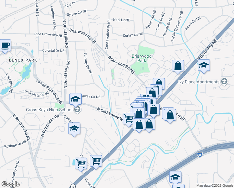 map of restaurants, bars, coffee shops, grocery stores, and more near 2162 Prestwick Court Northeast in Brookhaven