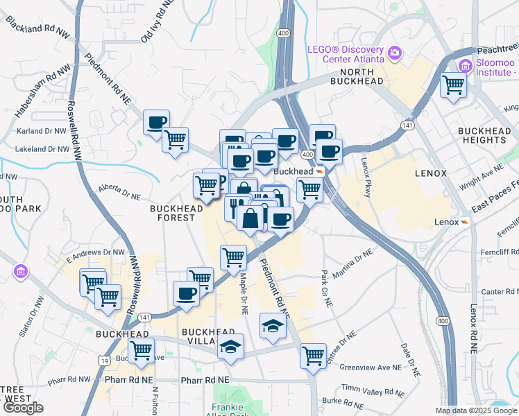 map of restaurants, bars, coffee shops, grocery stores, and more near 3333 Piedmont Road Northeast in Atlanta