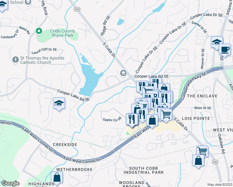map of restaurants, bars, coffee shops, grocery stores, and more near 4544 Coopers Creek Place Southeast in Smyrna