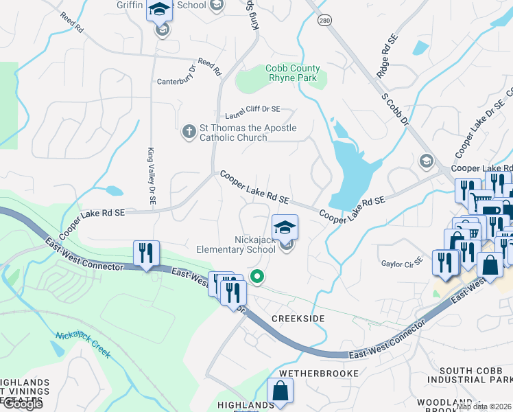 map of restaurants, bars, coffee shops, grocery stores, and more near 2162 Berryhill Circle Southeast in Smyrna