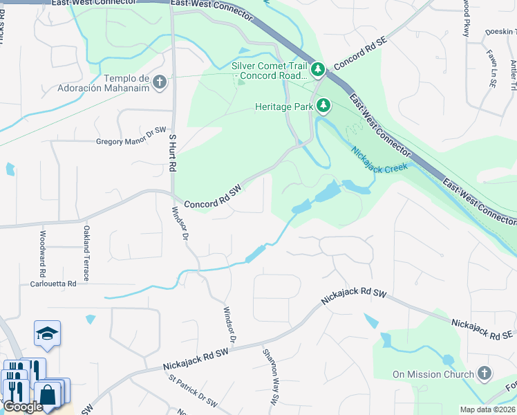 map of restaurants, bars, coffee shops, grocery stores, and more near 4240 Mill Grove Lane Southwest in Smyrna