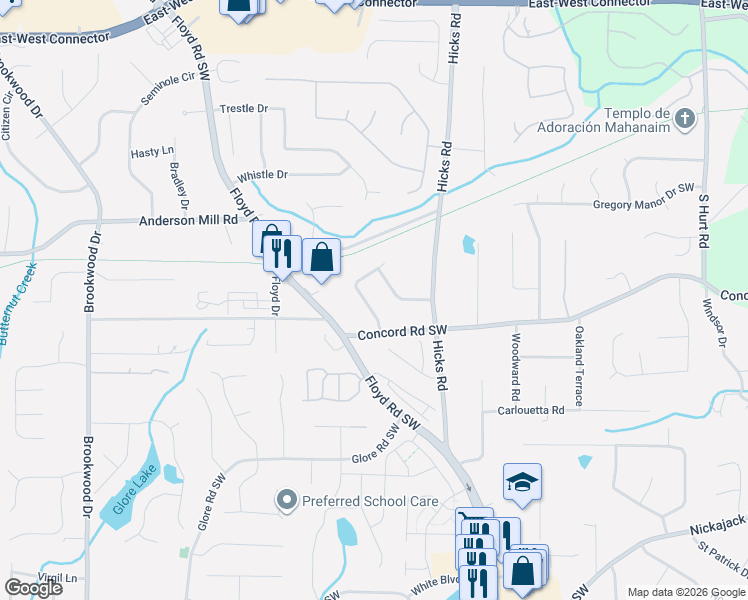 map of restaurants, bars, coffee shops, grocery stores, and more near 4458 Westfield Drive Southwest in Mableton
