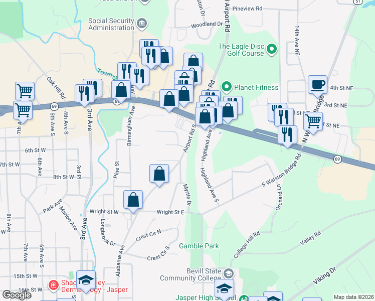 map of restaurants, bars, coffee shops, grocery stores, and more near 699 Airport Road South in Jasper