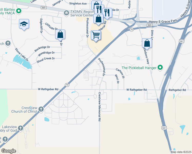 map of restaurants, bars, coffee shops, grocery stores, and more near 5500 Professional Drive in Wichita Falls