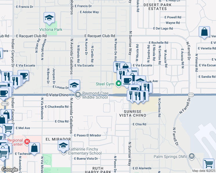 map of restaurants, bars, coffee shops, grocery stores, and more near 1804 North Nogales Way in Palm Springs