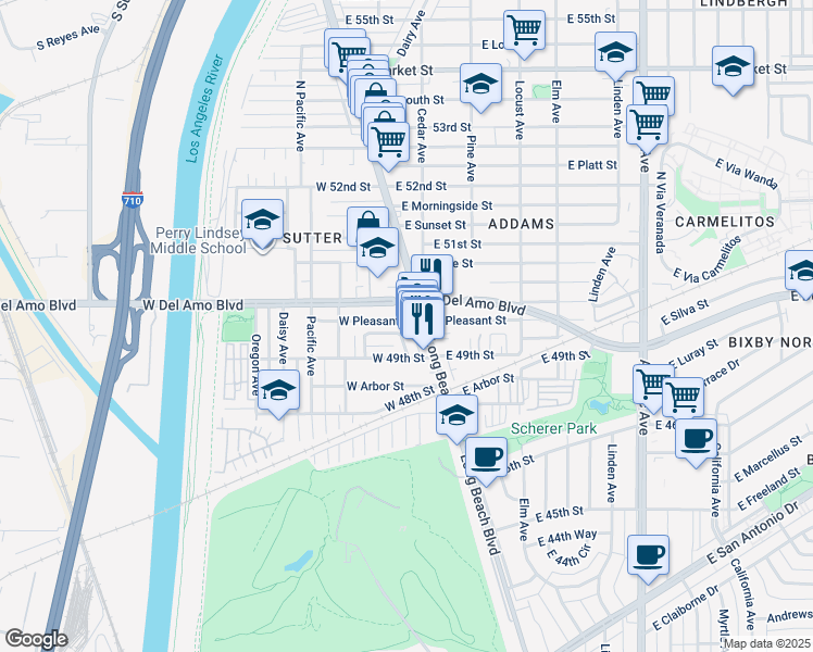 map of restaurants, bars, coffee shops, grocery stores, and more near 12 West Pleasant Street in Long Beach