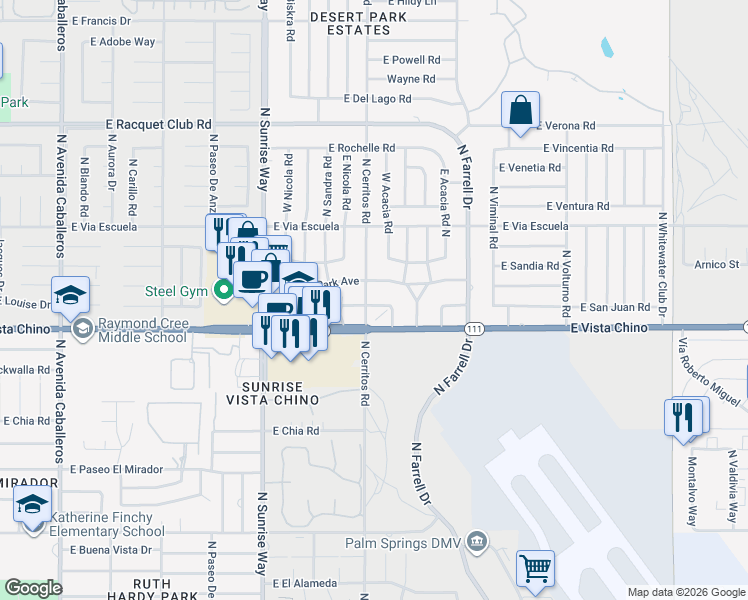 map of restaurants, bars, coffee shops, grocery stores, and more near 2100 East Sahara Road in Palm Springs