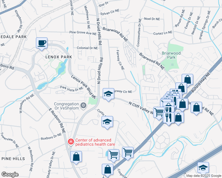 map of restaurants, bars, coffee shops, grocery stores, and more near 2111 Fairway Circle Northeast in Atlanta
