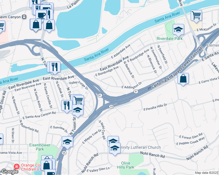map of restaurants, bars, coffee shops, grocery stores, and more near 4136 East Addington Drive in Anaheim