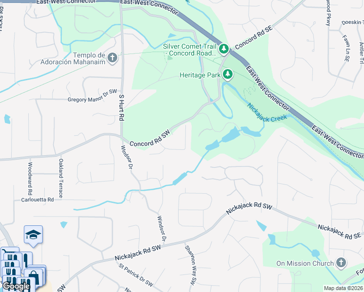 map of restaurants, bars, coffee shops, grocery stores, and more near 4240 Mill Grove Lane Southwest in Smyrna