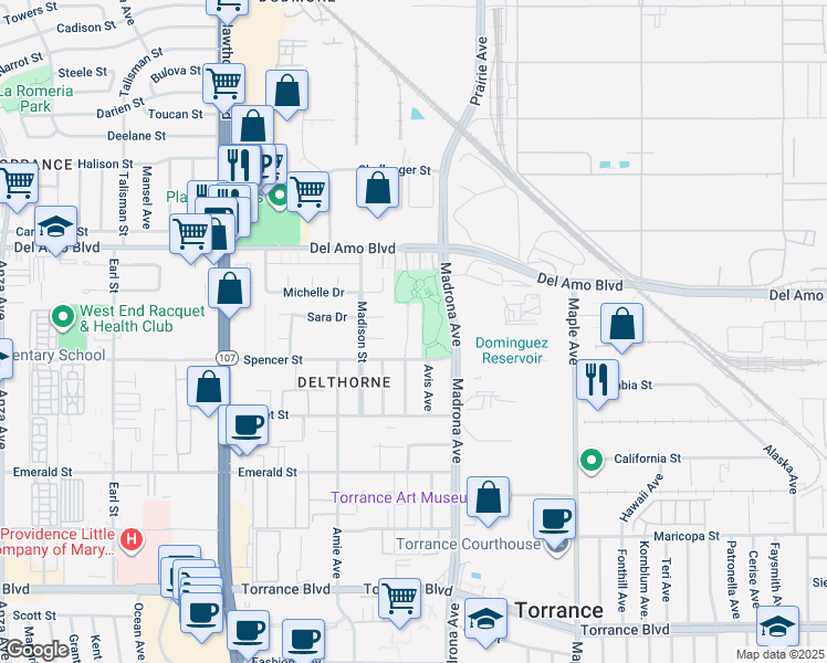 map of restaurants, bars, coffee shops, grocery stores, and more near 20434 Osage Avenue in Torrance