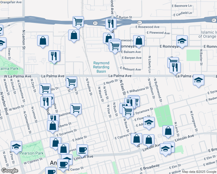 map of restaurants, bars, coffee shops, grocery stores, and more near 749 North Bush Street in Anaheim