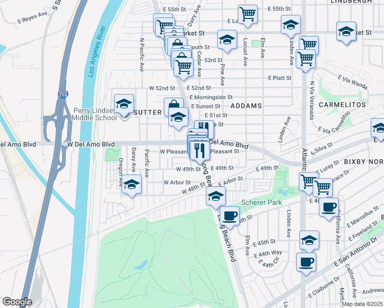 map of restaurants, bars, coffee shops, grocery stores, and more near 12 West Pleasant Street in Long Beach