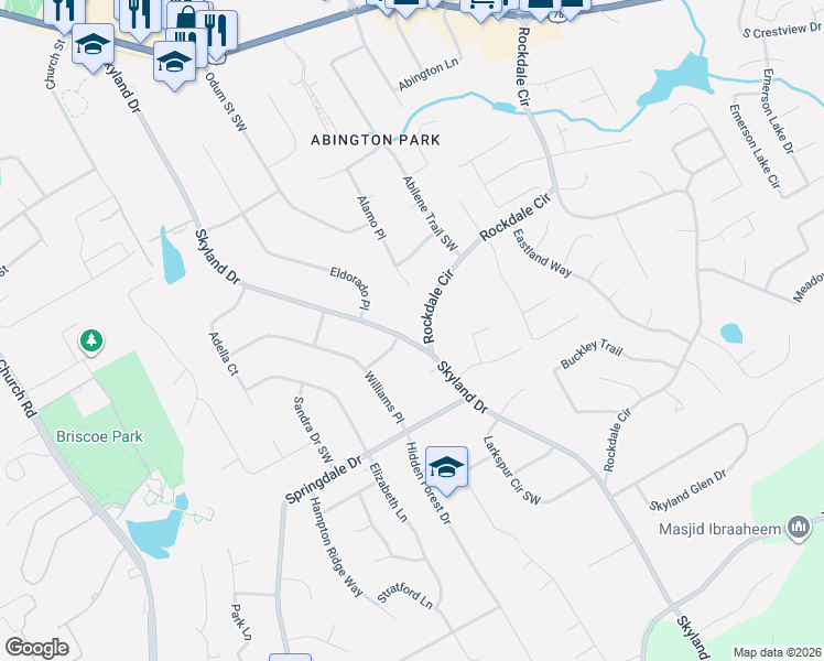 map of restaurants, bars, coffee shops, grocery stores, and more near 2902 Skyland Drive Southwest in Snellville