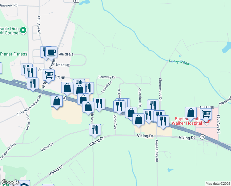 map of restaurants, bars, coffee shops, grocery stores, and more near 2202-2302 Wildwood Dr in Jasper