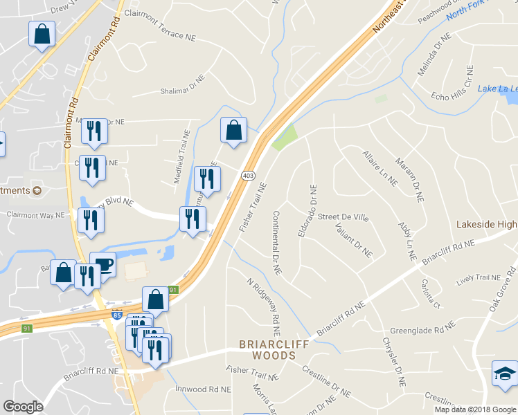 map of restaurants, bars, coffee shops, grocery stores, and more near 2135 Fisher Trail Northeast in Atlanta