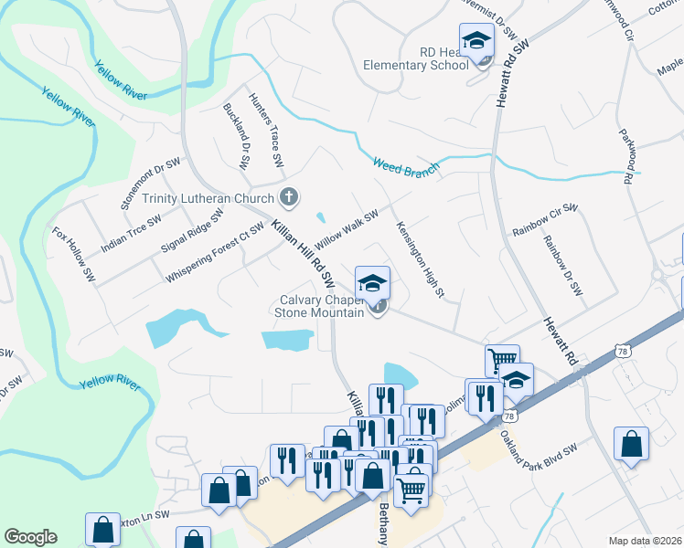 map of restaurants, bars, coffee shops, grocery stores, and more near 4040 Embassy Way in Lilburn
